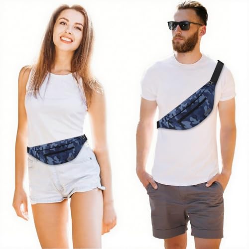 MAXTOP Large Fanny Pack Cross Body Bag Camo Belt Bag with Headphone Jack - color: Camo Gray Blue, size: Large
