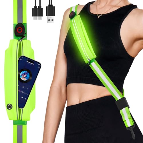 Fitense LED Reflective Belt Sash - 5 Lights Colors & 3 Light Modes High Visibility Night Safety Belt, Rechargeable Light Up Running Gear Adjustable Vest Straps for Runners Walkers Men Women - color: Green, style: Pouch