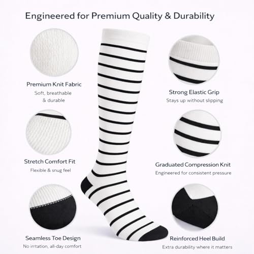 Diamond Star 6 Pairs Compression Socks for Men & Women, Knee High Socks - color: 6 Pairs (White/Black)
