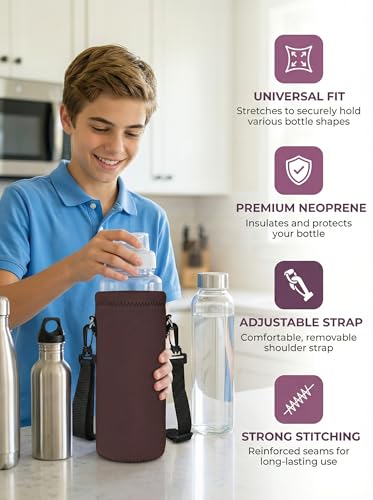 AUPET Water Bottle Sling Bag Carrier Crossbody Sleeve,Insulated Neoprene Bottle Case Holder Pouch Cover 500ML/17oz with Shoulder Strap for Walking Women Men - color: Dark Cherry Brown