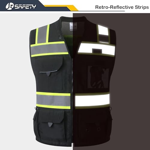 JKSafety Hi-Vis Unisex Surveyor Safety Vest Heavy Duty PPE Inner Pockets ANSI/ISEA Compliant - color: 188-black, size: 5X-Large
