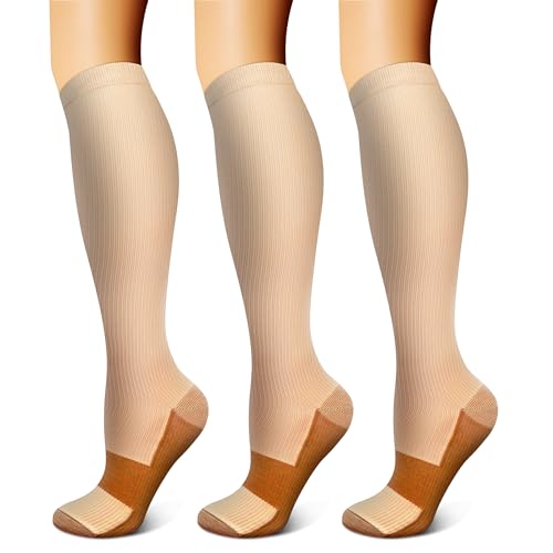 FEYHAY Copper Compression Socks (3 Pairs) 15-20 mmHg Circulation is Best Athletic & Daily for Men & Women, Running, Climbing - color: 3 Beige/Beige/Beige, size: Small-Medium