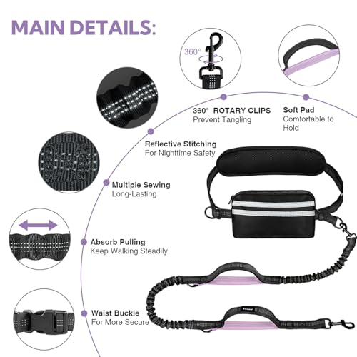 Hands Free Dog Leash for Two Dogs Walking, Running - color: Black/Purple, size: Large