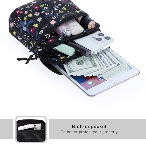 KAMO Multifunction Phone Waist Bag - One Shoulder Diagonal Cross Smart Case - Triple Zip Hipster Crossbody Purse for Women & Men - Outdoor - color: Black-Mixed flowers