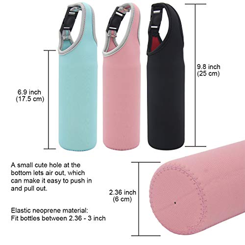 Kvvdi 3 Pack 16 oz - 21 oz Neoprene Water Bottle Sleeve 16.9oz Portable Bottle Cooler Cover Holder Strap for Outdoor - color: Black, Pink, Blue