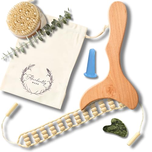 Abundantly Made 6-Piece Lymphatic Drainage Massage Kit | Dry Brush, Wooden Paddle, Rope Roller, Jade Gua Sha, Silicone Cup, Linen Bag & E-Book | Wood Therapy, Maderoterapia & Body Sculpting Tools