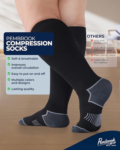 Pembrook Plus Size Compression Socks for Women Wide Calf - 3 Pairs, 20-30mmHg Extra Wide Calf Compression Socks, Up to 4XL - color: Black With Dark Gray - 3 Pairs, size: X-Large