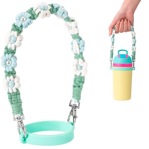 Water Bottle Handle Strap Compatible with Owala & Stanley Cups - color: Flower Green White