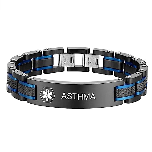 Black Blue Free Custom Engraved Emergency Medical Alarm ID Men's Bracelet