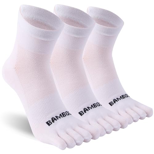 Sunew 3 Pairs Toe Socks for Men Women,Viscose Bamboo Breathable Athletic Running Five Finger Ankle/Quarter Socks - color: White, size: Medium