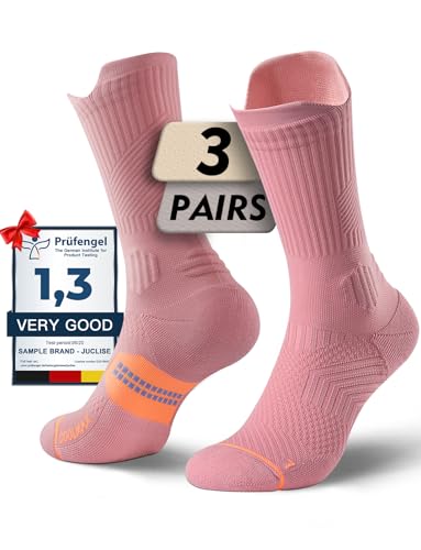 Juclise Women's Compression Crew Running & Hiking Socks, 3 Pairs, Cushioned - color: Dusty Pink, size: Medium