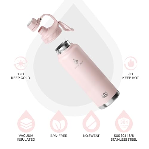 IDEUS 40oz Stainless Insulated Bottle with 2 Leak-Proof Lids, Light Pink - color: Light Pink, size: 40 Ounces