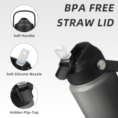 BJPKPK 2 Pack 24oz Insulated Water Bottles with Straw Lids, Stainless Steel - color: 2 X Black Grey, size: 24 Ounces