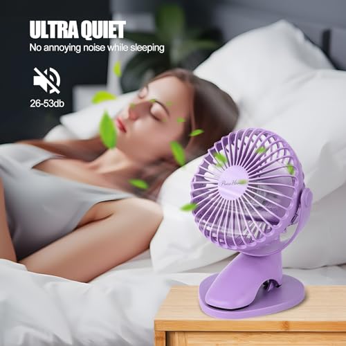 Portable Clip Fan Battery Operated,3 Speeds USB Rechargeable Mini Table Fan with Strong Airflow,360°Rotation Ultra Quiet Personal Desk Fan for Home Office Bedroom Dorm Stroller Camping(Purple) - color: Purple