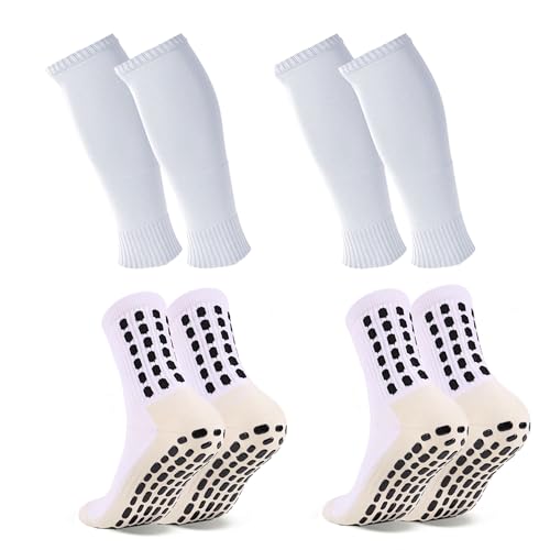 Barrlves 2 Set Grip Soccer Socks and Shin Guard Sleeves Non Slip Soccer Sleeve Socks for Men Women - color: White-1
