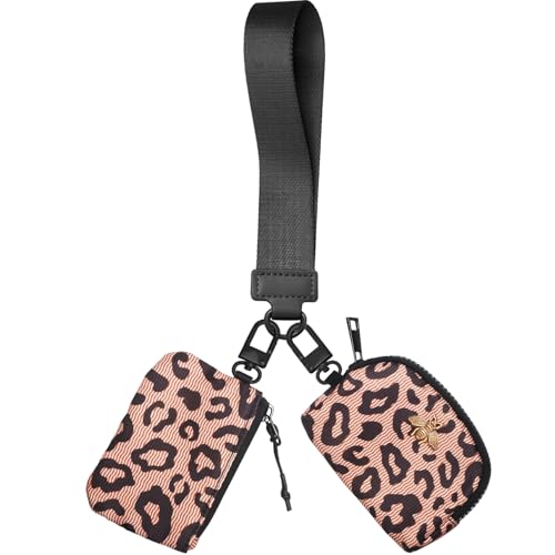 COOLANS Mini Wristlet Wallets Dual Pouch,Around Wristlet Handbag Wallet for Women Zip Cards Holder,Wristlet Bracelet Purse - color: Leopard Brown