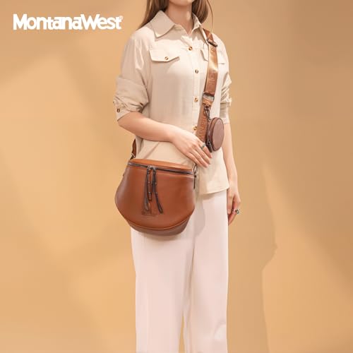 Montana West Crossbody Bag for Women, Vegan Leather Bum Bag with Coin Purse - color: Cognac