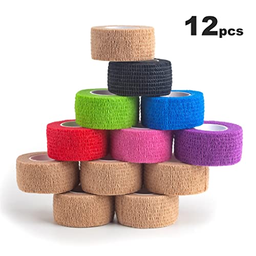 Self Adhesive Bandage Wrap| 12 Rolls 1" x 5 Yards Vet Tape, Medical Tape,Athletic Tape,Elastic Cohesive Bandage for Sports Injury,Stretch Athletic,Ankle,(Mix Color)