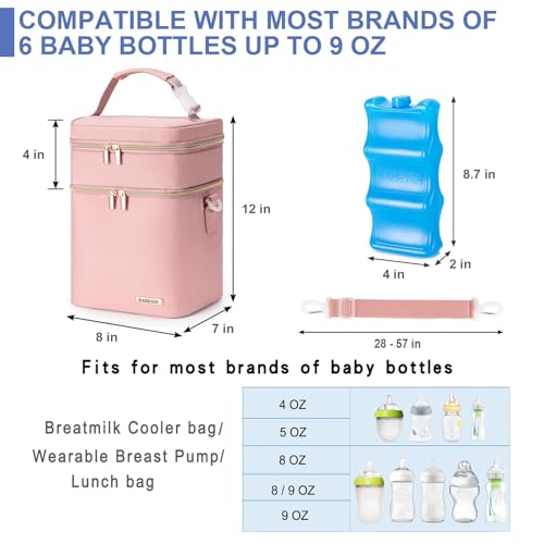 Breastmilk Cooler Bag with Ice Pack Fits 6 Baby Bottles Up to 9 Ounce, Double Deck Leak-Proof Baby Bottles Bag with Shoulder Strap for Nursing & Working Mom, - color: Pink