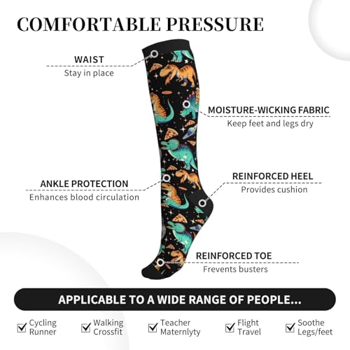 Compression Socks Circulation 15-20 Mmhg Knee High - color: Pizza Dinsaurs