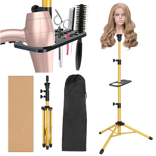 ZQIAN BEAUTY Wig Stand Tripod 50 Inch Metal Wig Mannequin Head Tripod Stand For Hairdressing Training Head Adjustable Wig Tripod Stand with Tool Tray (Golden, Mannequin Head Not Included) - color: Golden, size: 50 Inch