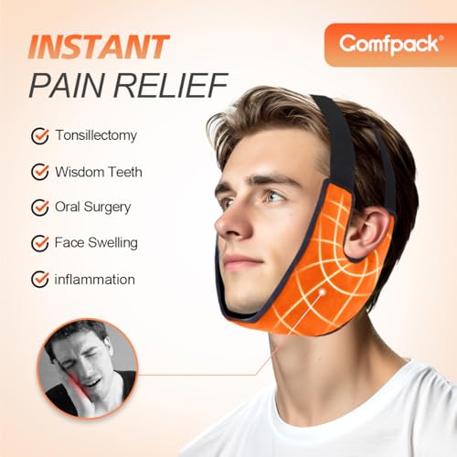 Comfpack Wisdom Teeth Ice Pack Head Wrap with Ear Hole Design, Reusable Hot Cold Gel Face Jaw Ice Pack, Soft Plush Cold Pack for TMJ Pain Relief, Tonsillectomy, Oral Surgery, Face Swelling - color: Orange 1pack