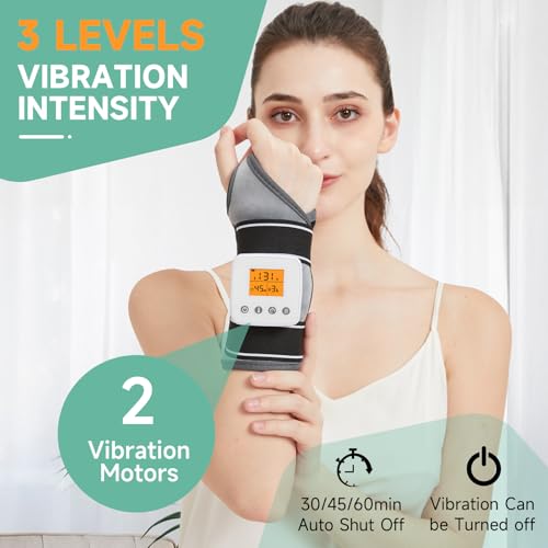 Rechargeable Heated Wrist Massager for Pain Relief - 3 Heat Levels & 3 Vibration Modes, Heat Therapy Wrap for Carpal Tunnel, Tendonitis, Sprains, Swelling, Auto Shut-Off Hand Warmer