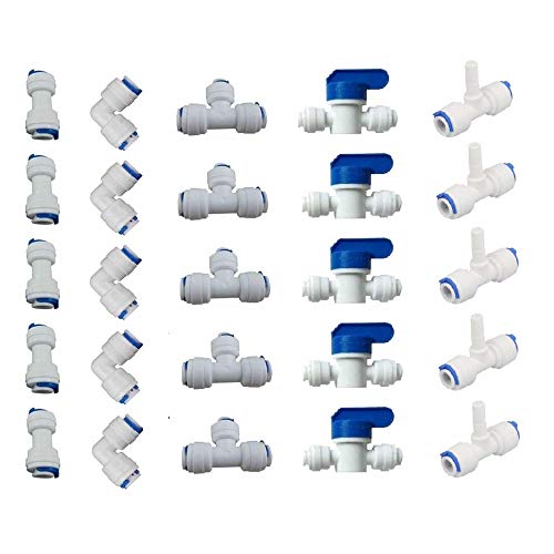 Mattox 1/4" OD Quick Connect Push-in Tube Fittings Set - 25 Pcs, RO Water Reverse Osmosis System, Ball Valve +T +I +L Type Combo