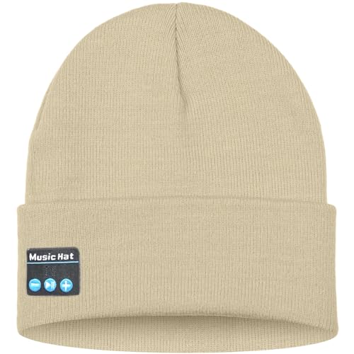 ATNKE LED Lighted Bluetooth Beanie Hat,USB Rechargeable 4 LED Wireless Music Running Headlamp Cap Gift for Men and Women - color: #Beige