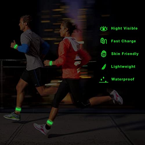 LED Safety Wristband Lights - Rechargeable Light Up Arm Ankle Band Kids Magic Slap Glow Bracelets Reflective Belt High Visibility for Night Cycling Walking Joggers Running Gear - color: Green