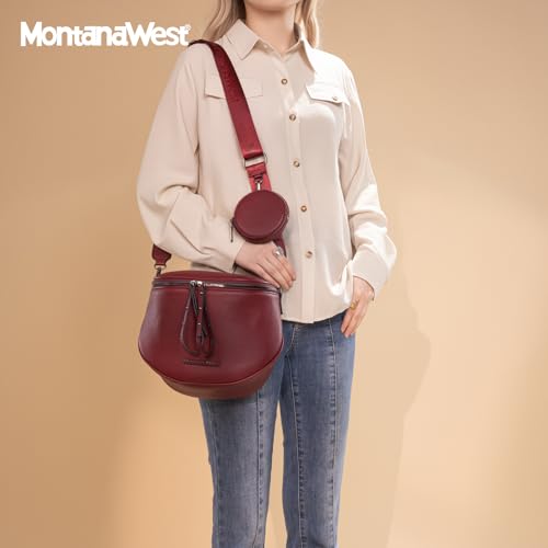 Montana West Crossbody Bag for Women, Vegan Leather Bum Bag with Coin Purse - color: Burgundy