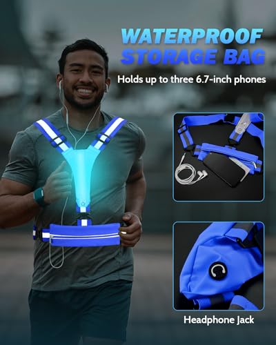 Fitense LED Reflective Running Vest with Phone Holder, Rechargeable 5 Colors Light Up Running Lights for Runners High Visibility Night Safety Gear, Adjustable for Men Women