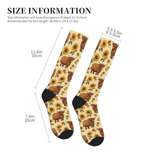 Cute Compression Socks Knee High Support Stockings Women Men - color: Highland Cows Sunflower