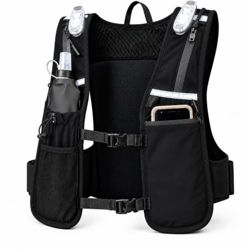 Running Phone Holder Vest with 500ml/17 oz Water Bottle | Reflective Hydration Vest | Adjustable | 4 LED Lights | 6 Pockets for Running Accessories | Unisex