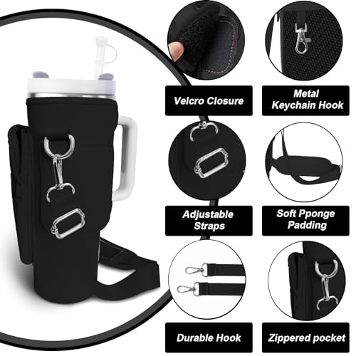 Water Bottle Carrier Bag for Stanley Cup 40/30oz, Neoprene Water Bottle Holder Pouch with 3 Pocket Adjustable Shoulder & Hand Strap - color: Black