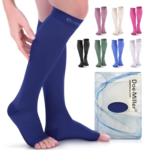 Doc Miller Open Toe Compression Socks, 20-30 mmHg, Knee High, Men & Women - color: Dark Blue, size: Medium