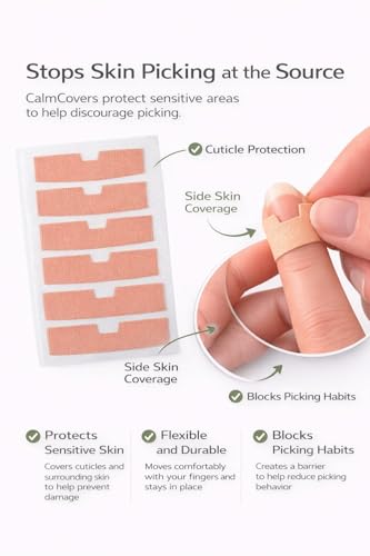 CalmCovers Dermatillomania Skin Picking Prevention Tape, Cuticle Protection Tape, Helps Reduce BFRBs Skin Picking, 3 Sizes Custom Fit, Kinesiology Fabric, 60 Count