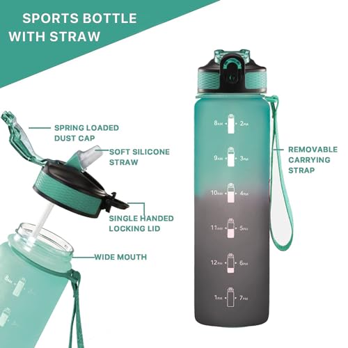 EYQ 32oz Water Bottle with Straw, Sports Bottle with Time Marker - color: 11-Hunter Green/Black Gradient