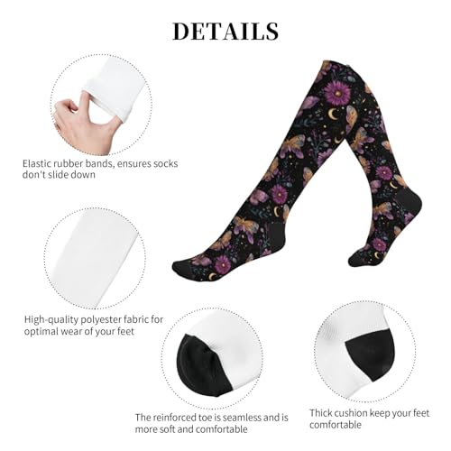 Cute Compression Socks Knee High Support Stockings Women Men - color: Purple Moth Flower