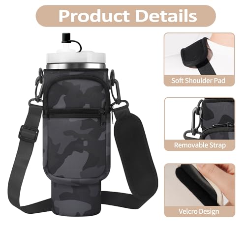 AceTreker Water Bottle Carrier Bag with Strap for Stanley 40/30 oz Tumbler Neoprene Insulated Cup Holder Sleeve with Phone Pocket & Straw Cover for Stanley Cup Accessories - color: 02-Black Camo, style: 30 Oz