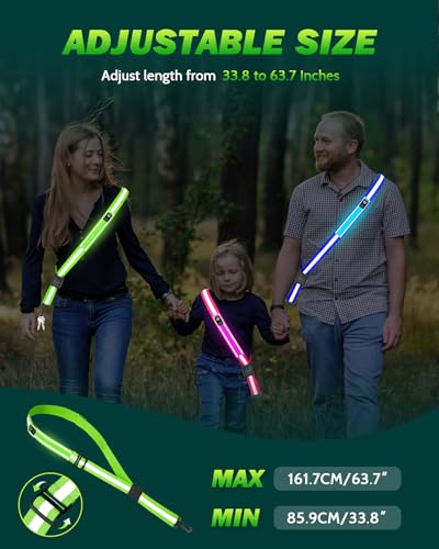 Fitense LED Reflective Belt Sash - 5 Lights Colors & 3 Light Modes High Visibility Night Safety Belt, Rechargeable Light Up Running Gear Adjustable Vest Straps for Runners Walkers Men Women - color: Green, style: Classic