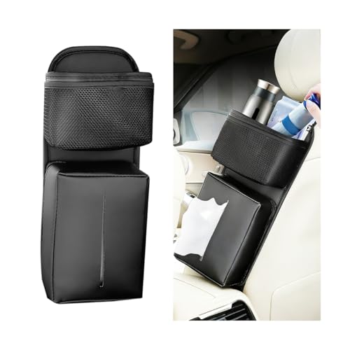 2 in 1 Car Seat Side Cup Holder, Multifunctional Vehicle Hanging Water Bottle Tissue Holder Bag with Adjustable Strap, Auto Interior Seat Side Organizer, Universal for SUV RV Truck
