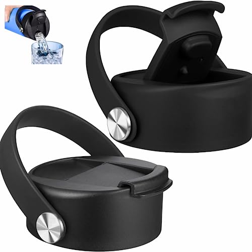 FLORAPELL Lid Compatible with Hydro Flask 12 16 18 20 32 40 OZ Wide Mouth, Flip Lid Replacement Lids with Flex Strap Handle, Leak-Proof Flask Cap for Hydro Flask Coffee Mug - color: Black 2 Pack
