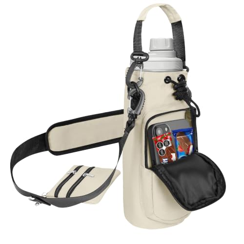 Insulated Water Bottle Carrier with Adjustable Strap - 25/32/40 oz Water Bottle Crossbody Bag with Small Purse for Hiking, Gym, Travel - color: Cream