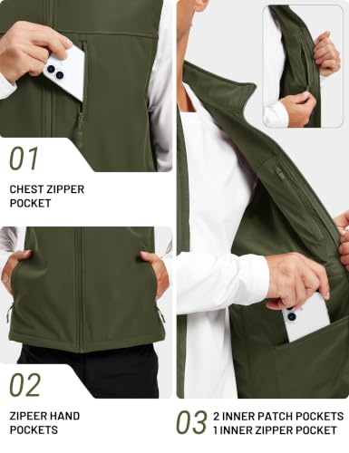 MAGCOMSEN Men's Softshell Golf Vest Outerwear Lightweight Fleece - color: Army Green, size: Medium