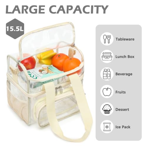 FlowFly Double Layer Cooler Insulated Lunch Bag Adult Lunch Box Large Tote Bag for Men, Women, With Adjustable Strap,Front Pocket and Dual Large Mesh Side Pockets - color: Clear#Biege