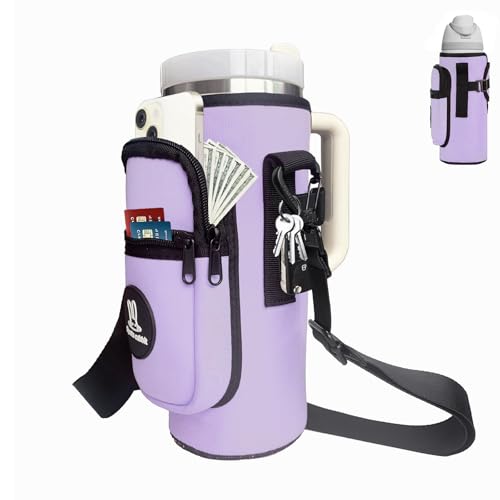 Sports rabbit Universal Water Bottle Holder with Strap & Phone Pocket - color: Purple, size: 40OZ