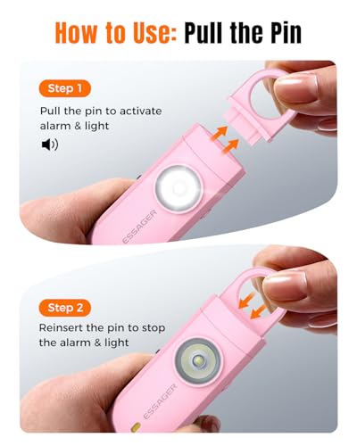 ESSAGER Personal Safety Alarm for Women, 130 dB Self Defense Siren, Rechargeable & Portable with Keychain and Carabiner, Low Battery Notice, LED Strobe Light for Kids, Seniors, College Students(Pink)