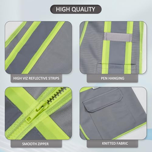 High Visibility Reflective Safety Vest with Zipper and Pockets Grey,M - color: Grey, size: Medium