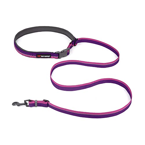 Tuff Pupper Hands Free Adjustable Length Dog Leash | Lightweight for Running Jogging Walking | Padded Waist Belt (24-50 inch) | Adjusts 3 to 6 Feet Length | Strong Ballistic Nylon w/Reflective Strips - color: Punch Purple